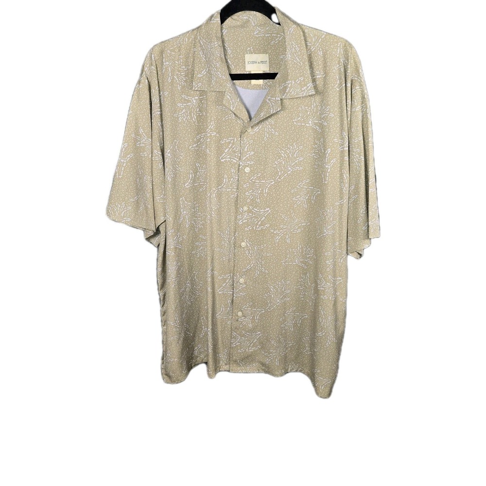 Joseph & Feiss Mens XL 100% Silk Short Sleeve Camp Shirt Tan Botanical Print
